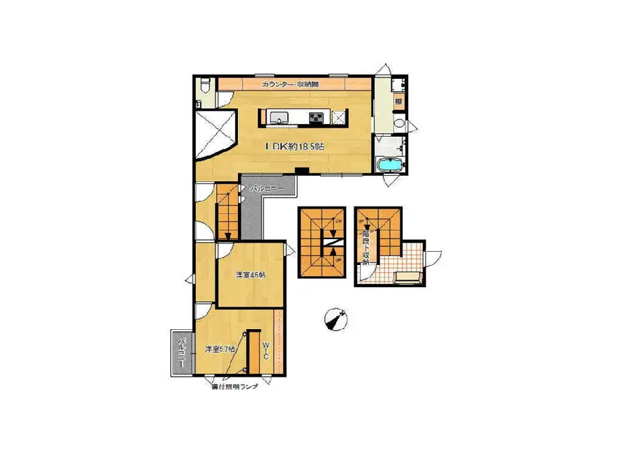 - 住宅の間取り図、LDK約18.5帖と各部屋の配置を示した平面図、バルコニーやトイレの位置も明記
