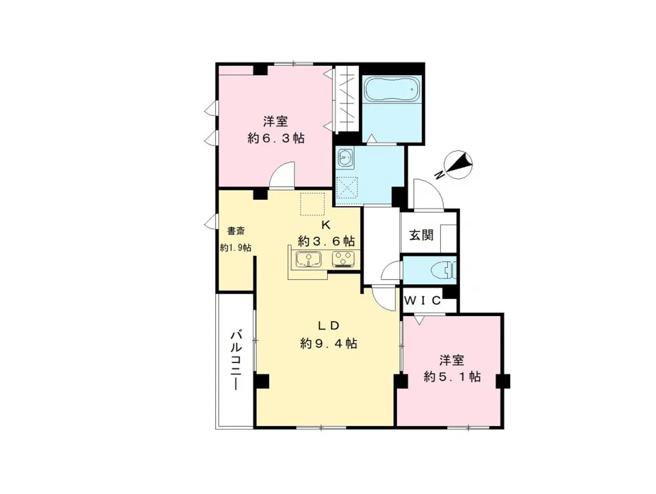 - 2LDK間取り図、広々としたリビングダイニング、各部屋のサイズや設備が示された詳細なレイアウト図