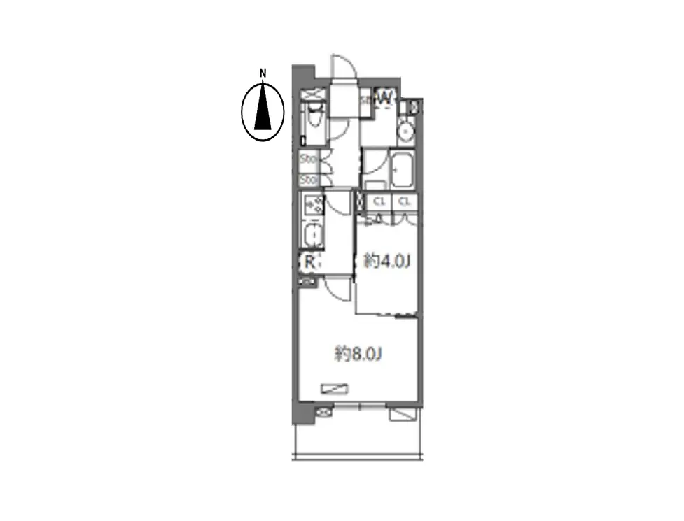 - 住宅の間取り図、リビング約14畳、寝室約8畳、キッチンとバスルームの配置が示されたレイアウト図