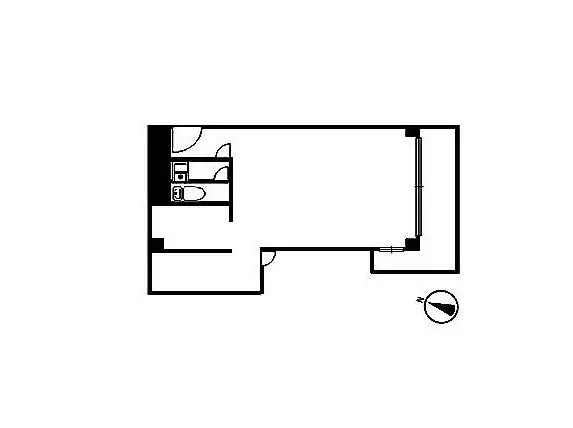 - シンプルな間取り図、居間と水回りが配置されたレイアウト、部屋の配置を示した平面図