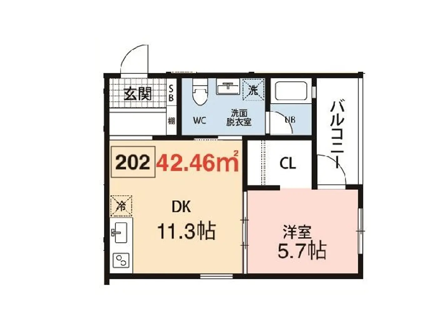 - 鍵付きの玄関、バルコニー、11.3帖のダイニングキッチンと5.7帖の洋室を備えた42.46平米の間取り図