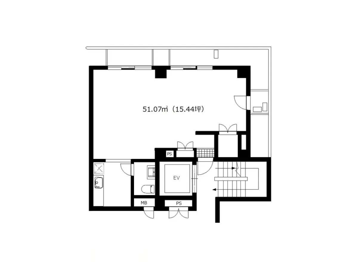 - 51.07㎡（15.44坪）の間取り図、リビング、キッチン、エントランス、トイレ、収納スペースを含む設計