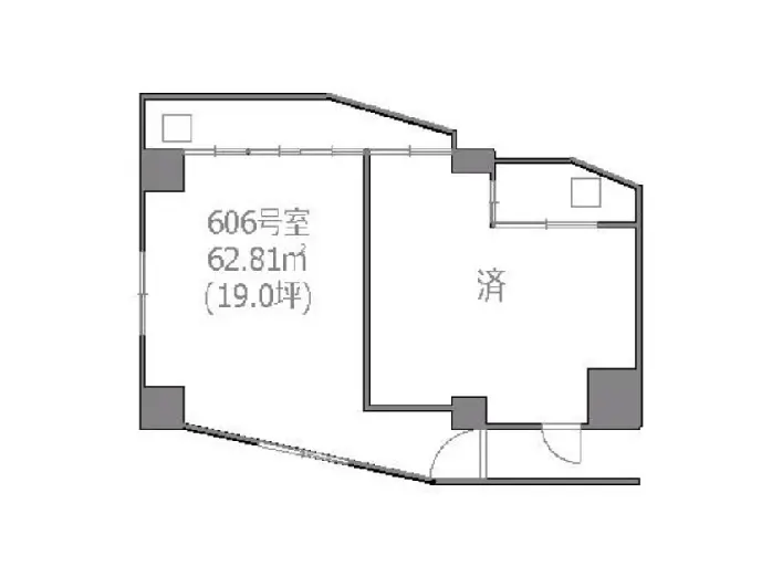 - 606号室の間取り図、面積62.81㎡（19.0坪）、居室と洗面所を含むレイアウトの詳細図