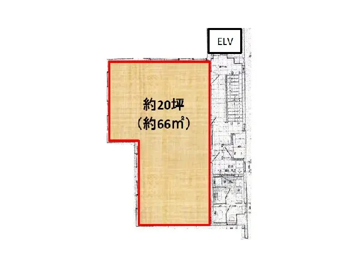 - 約20坪（約66㎡）の土地面積を示す間取り図、赤い枠で囲まれたエリアのサイズが記載されている
