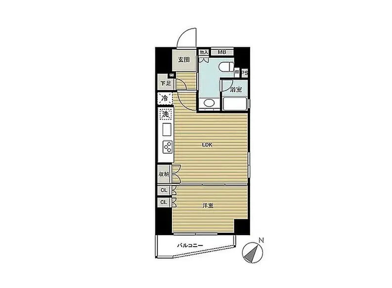 - 1LDKの間取り図、玄関、浴室、洗濯機置き場とバルコニーが配置されたレイアウト