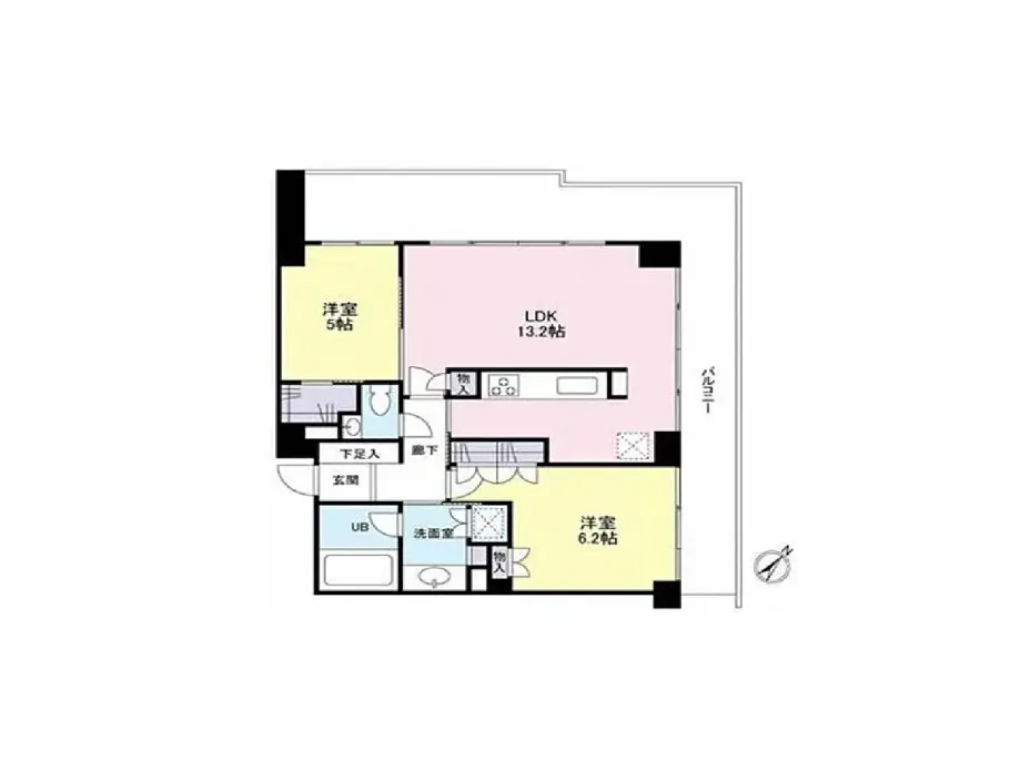 - 2LDKの間取り図、リビングダイニングキッチン（LDK）13.2帖、洋室2部屋（5帖、6.2帖）、バルコニー付きのレイアウト