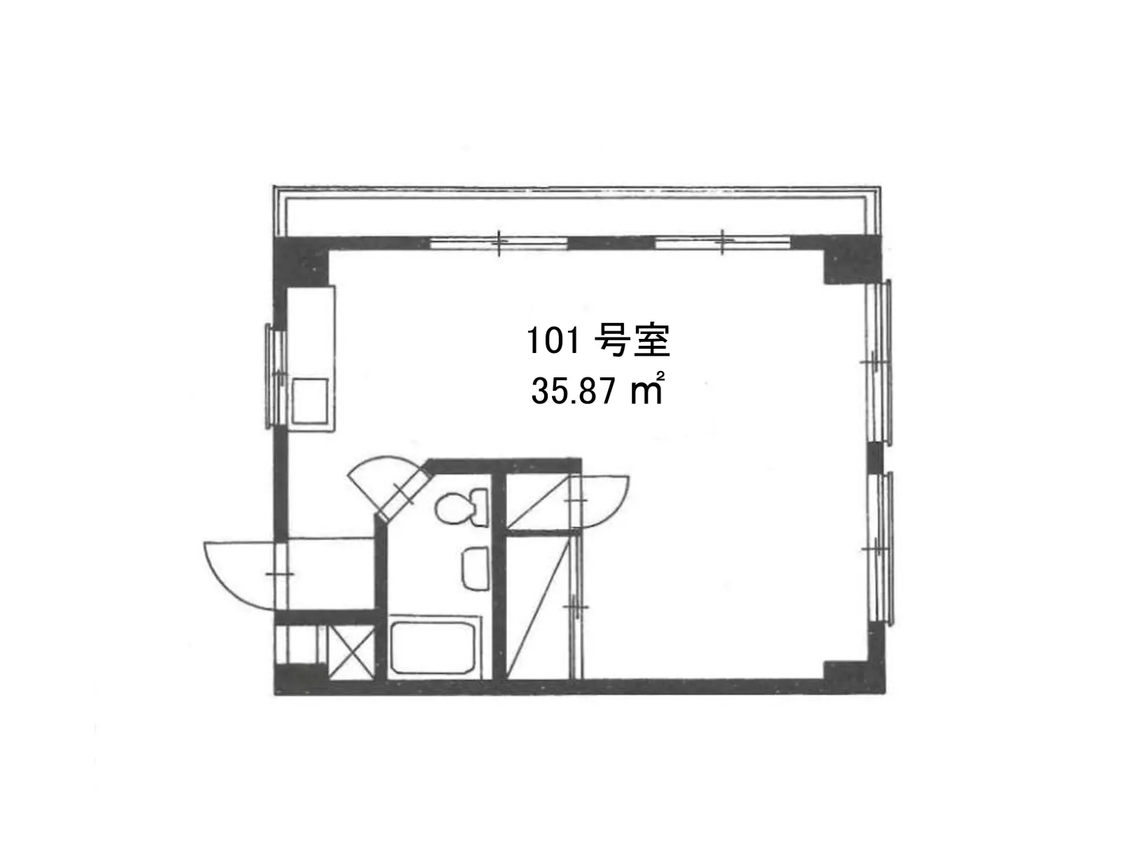 - 101号室の間取り図、面積35.87㎡、シンプルで機能的な設計が特徴の部屋配置