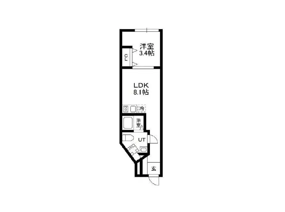 - 1LDK間取り図、LDK8.1帖、洋室3.4帖、洗面所とトイレが隣接した配置の居住空間レイアウト