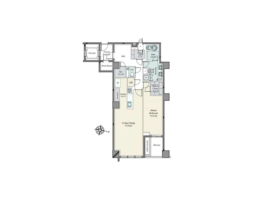 - 2LDKの間取り図、リビングダイニング、キッチン、マスターベッドルーム、バルコニーを含む住宅プラン