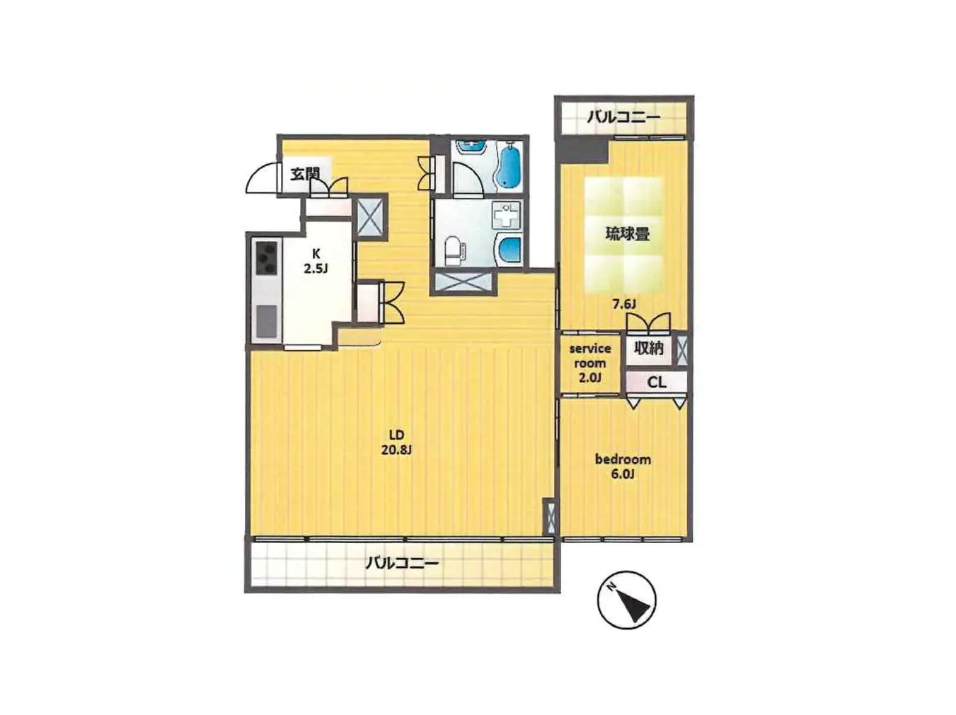 - 広々とした間取りの住宅図面、リビングダイニング20.8帖、キッチン、寝室、サービスルーム、バルコニーを含むレイアウト設計