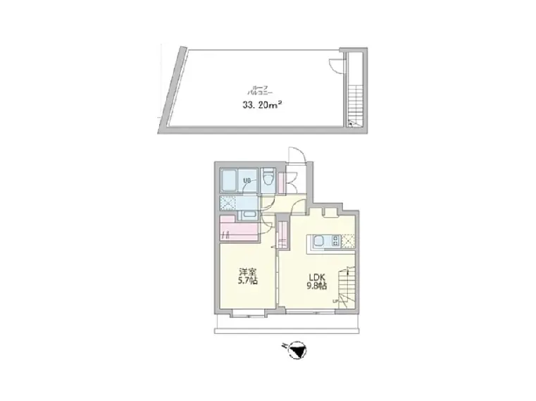 - 33.20㎡のバルコニーと間取り図、リビングダイニングキッチン（LDK）9.8帖と洋室5.7帖、収納スペースを備えた効率的な住居レイアウト