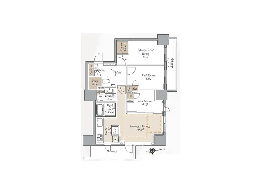 - 3LDKの間取り図、リビングダイニング、キッチン、各寝室と浴室を含む住宅のレイアウト