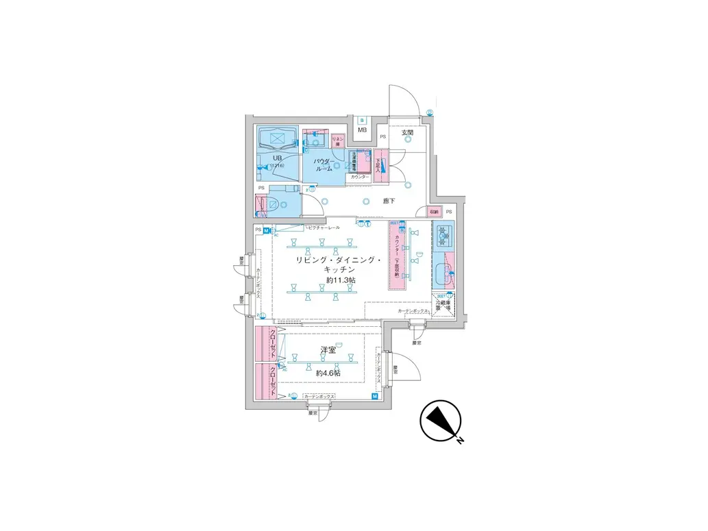 - リビング、ダイニング、キッチンのレイアウトを示す間取り図、洋室やバスルームの配置も含む詳細な設計図