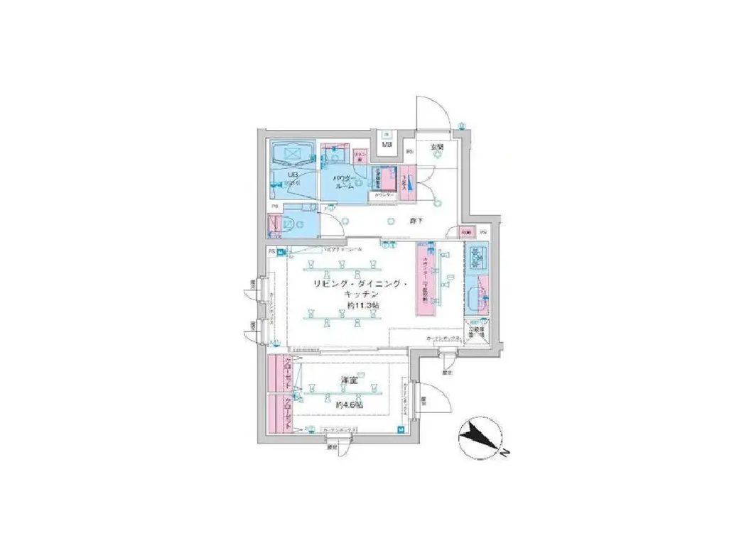 - モダンな間取り図、リビング・ダイニング・キッチン約11.3帖、バスルーム、トイレ、収納スペースが配置されたレイアウト