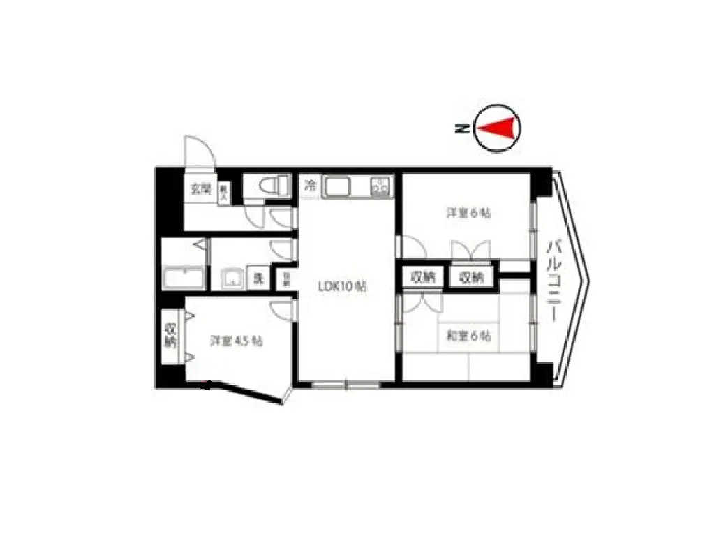 - 住宅の間取り図、LDK、洋室、和室、バルコニー、収納スペースが配置されたレイアウト