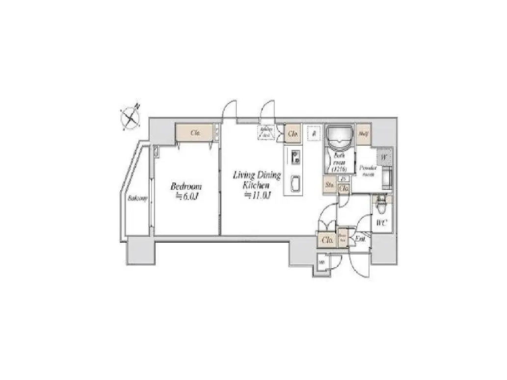 - 1LDKの間取り図、リビングダイニングキッチンと6.0畳の寝室、バスルームとトイレの位置を示した詳細なレイアウト