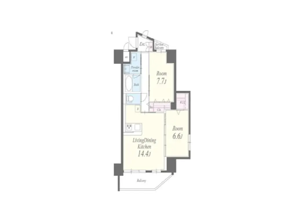 - 3LDKの間取り図、リビングダイニングキッチン14.4畳、各部屋のサイズが示されたシンプルなレイアウト
