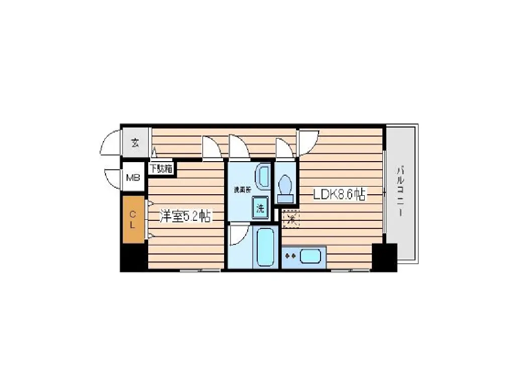 - 8.6畳のLDKと5.2畳の洋室を含む間取り図、バルコニー付きの住宅設計