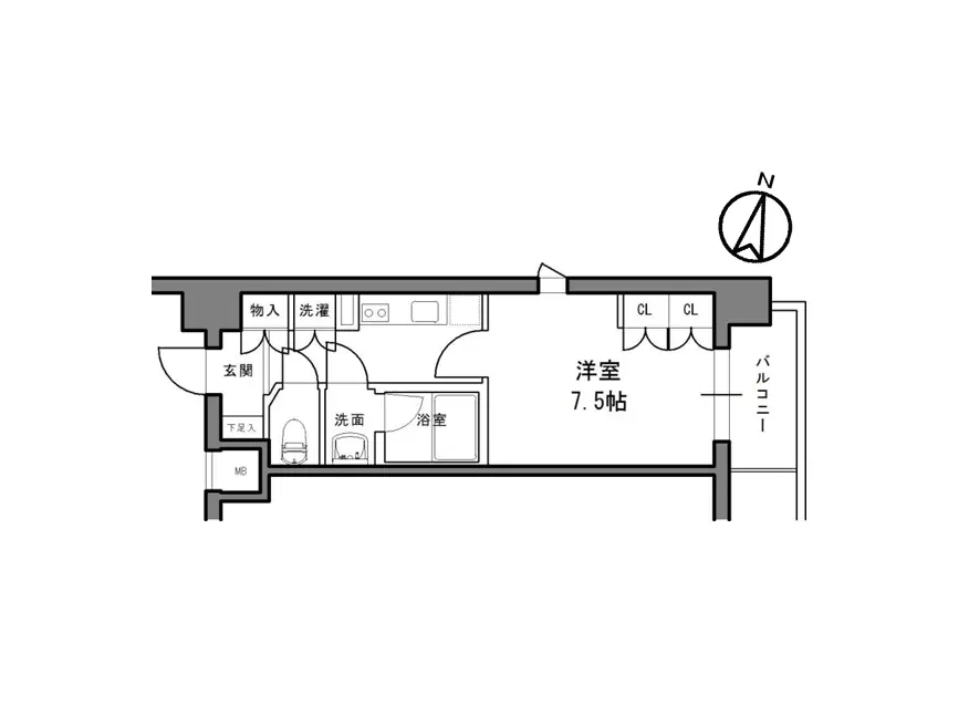 - 7.5帖の洋室、洗面所と浴室が隣接し、バルコニーへのアクセスがある間取りの図面