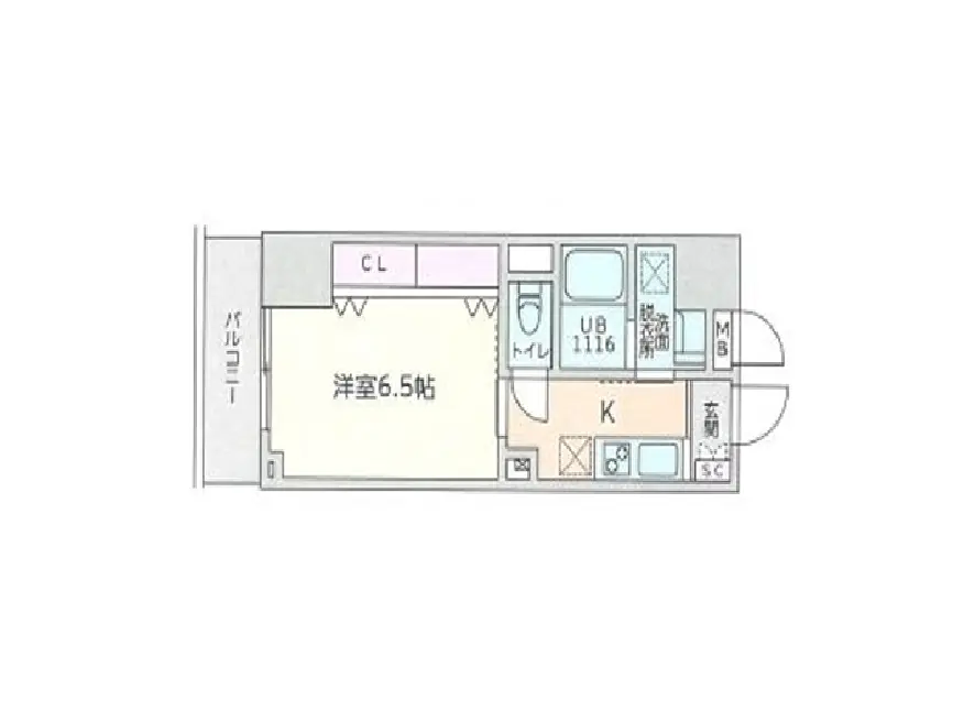 - 6.5畳の洋室とトイレ、浴室、キッチンが配置された間取り図、バルコニー付きの一人暮らし向けレイアウト