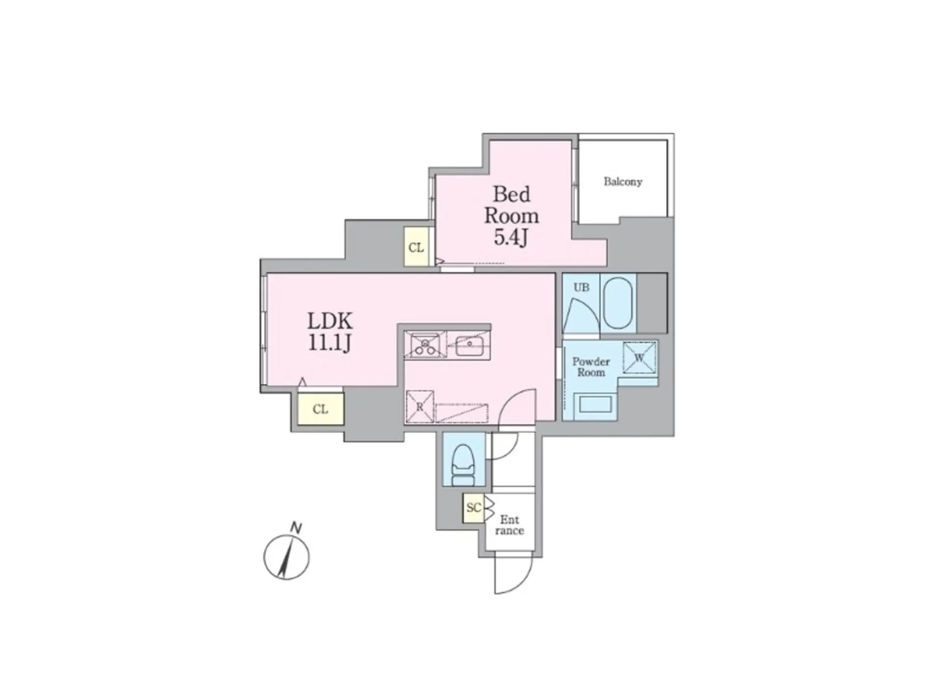 - 2LDKの間取り図、リビングダイニングキッチン11.1畳、寝室5.4畳、バルコニー、バスルームとトイレの配置が示されている図面