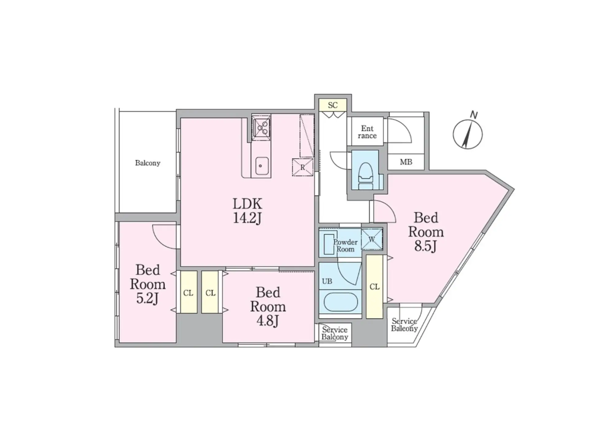 - 4つの寝室と広々としたLDKを備えた間取り図、各部屋にクローゼット、サービスバルコニーあり