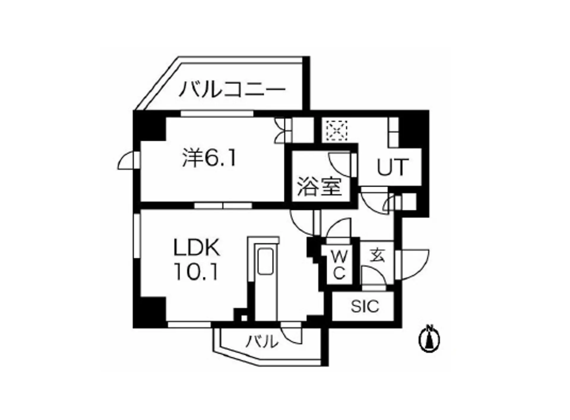 - 2LDKの間取り図、LDK10.1帖、洋室6.1帖、浴室、トイレ、バルコニー、収納スペースを含む住宅設計