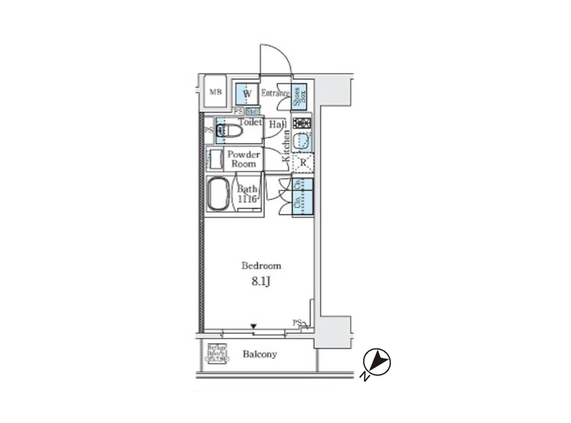 - 1LDKの間取り図、広さ8.1畳の寝室、バルコニー、キッチン、浴室、トイレのレイアウト詳細