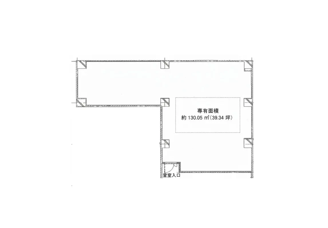 - 専有面積約130.05㎡（39.34坪）の間取り図、部屋の入り口と窓の位置を示したシンプルな設計図