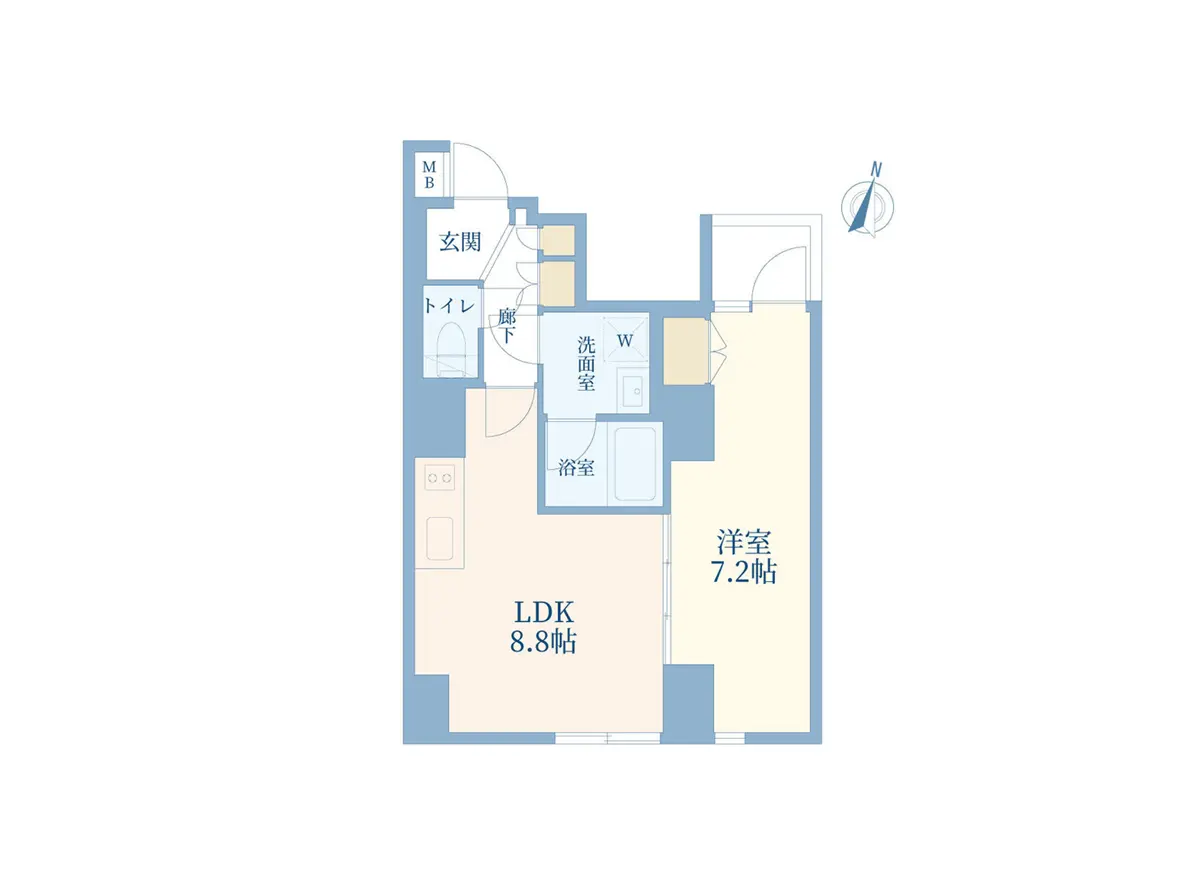 - 1LDKの間取り図、LDKは8.8帖、洋室は7.2帖、洗面室と浴室、トイレの配置が表示された家のプラン