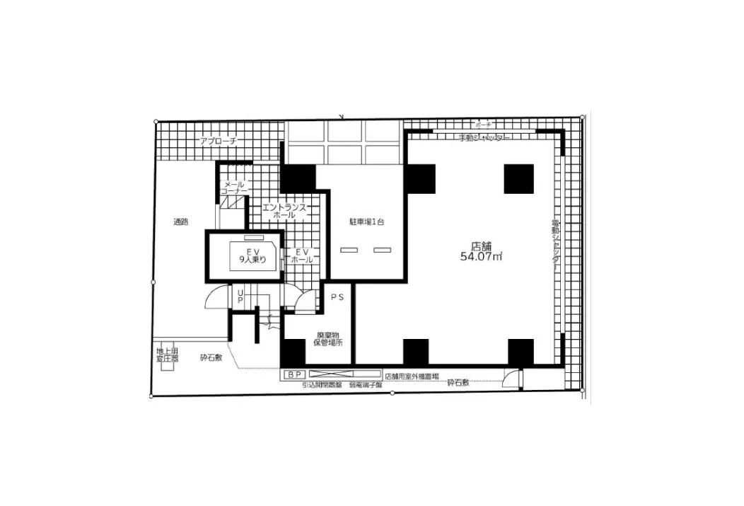 - 建物の間取り図、エントランスホールや店舗などの各部屋の配置が示された設計図