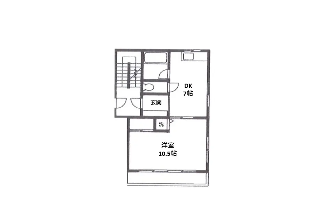 - 7帖のダイニングキッチンと10.5帖の洋室、玄関と洗面所を含む間取り図