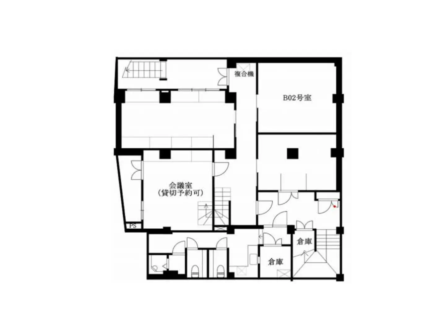 - 会議室や複数の倉庫を備えた建物の間取り図、貸切可能なスペースの詳細が記載された設計図