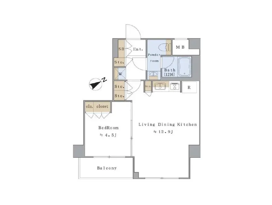 - 間取り図、リビングダイニングキッチン、ベッドルーム、バスルーム、収納スペースを含む住居のレイアウト