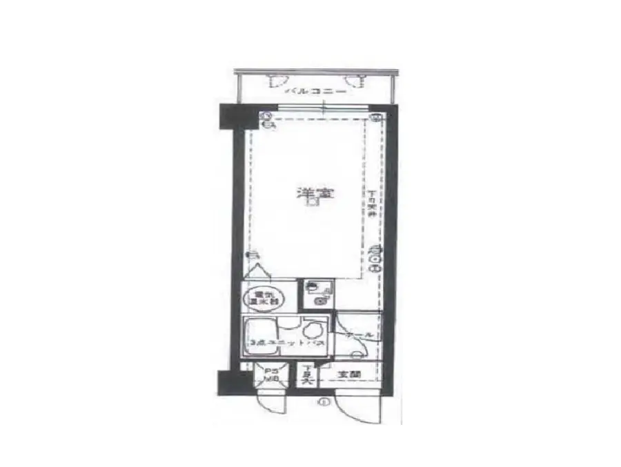 - 1LDKタイプの間取り図、洋室、キッチン、浴室、トイレが配置された設計図