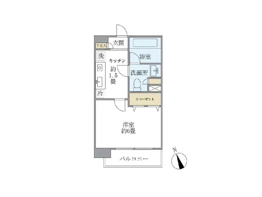 - 約6畳の洋室、1.5畳のキッチン、洗面所と浴室を備えた間取り図、バルコニーあり