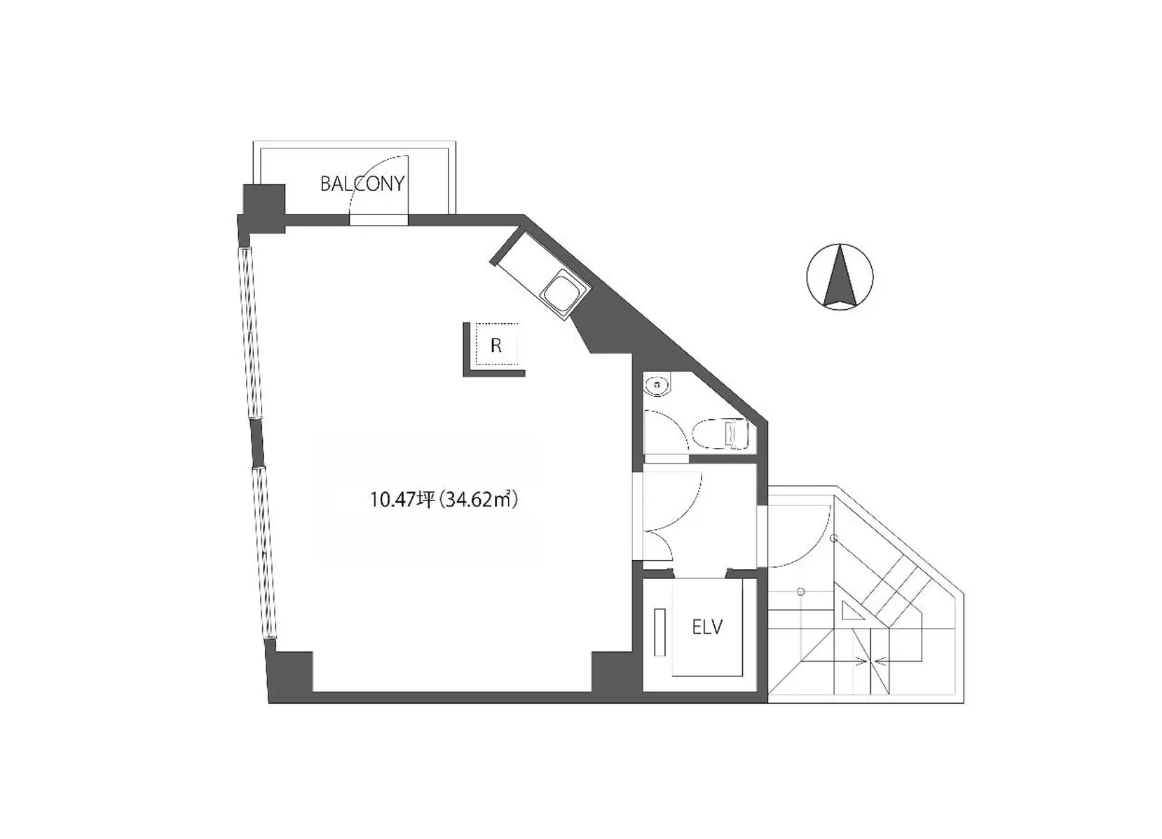 - 34.62㎡の間取り図、バルコニー付きの住居、玄関、エレベーター前、居室と水回りのレイアウト
