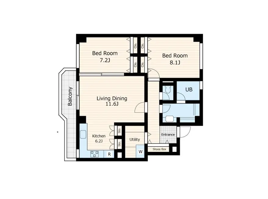 - 2つの寝室、リビングダイニング、キッチン、浴室が配置された間取り図、各部屋の面積も記載されている住宅設計図