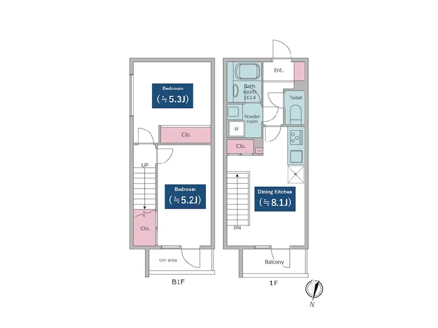 - 2階建て住宅の間取り図、1階にはダイニングキッチン（8.1畳）とトイレ、2階には2つの寝室（5.2畳と5.3畳）、浴室やパウダールームも配置された設計図