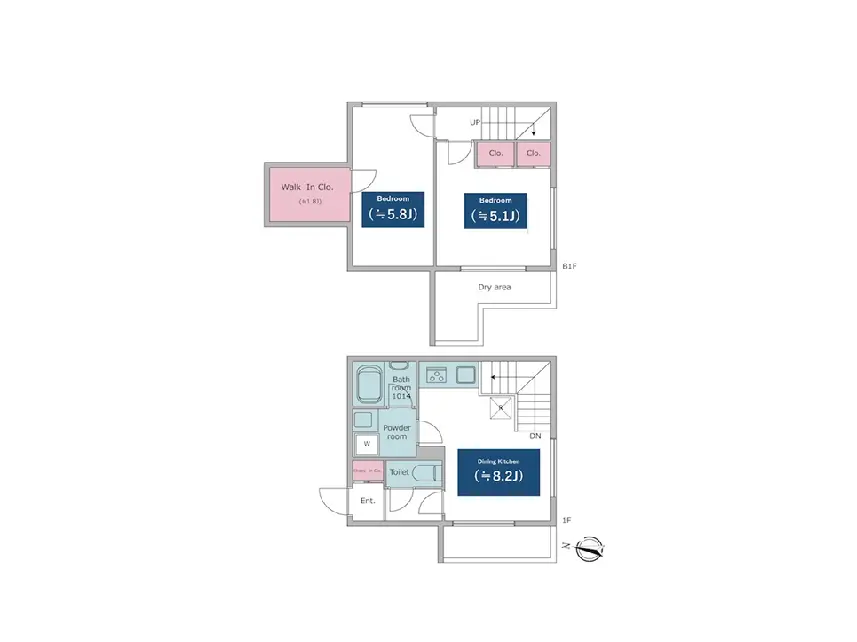 - 2階建て住宅の間取り図、1階にはダイニングキッチン、バスルーム、トイレ、パウダールーム、2階には2つの寝室とウォークインクローゼットが配置されている