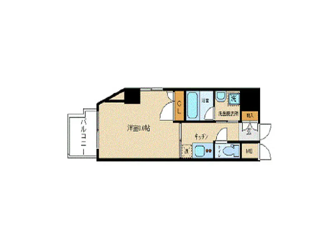 - 1LDKの間取り図、洋室6帖、バルコニー付き、キッチン、浴室、洗面所、トイレの配置を示す図面