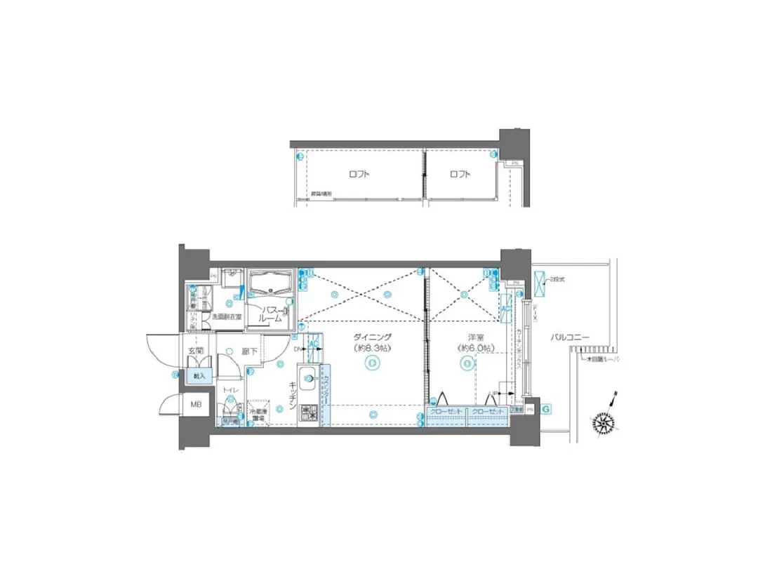 - 住宅の間取り図、ダイニング、洋室、バスルーム、キッチンが配置された設計図