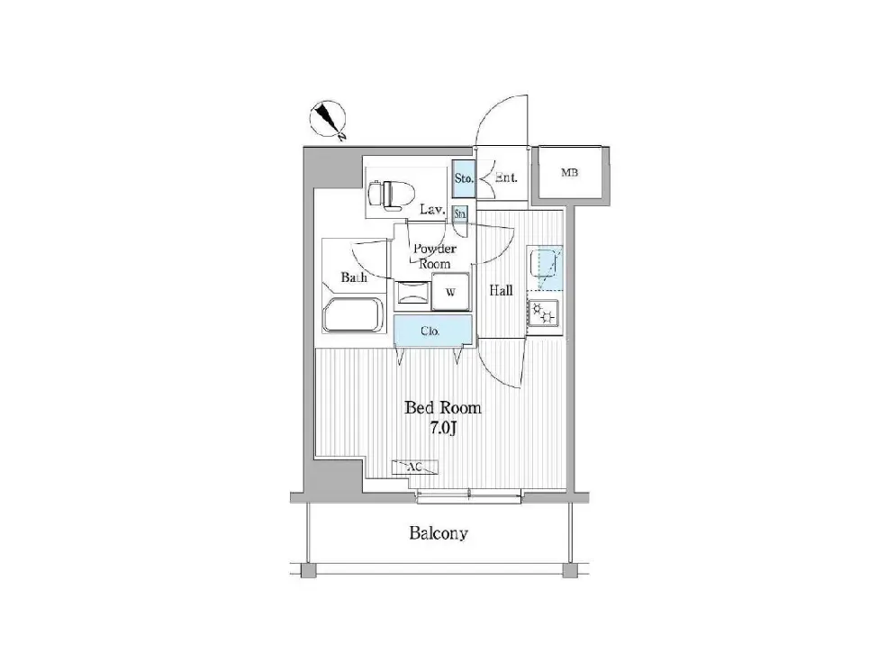 - ベランダ付きの間取り図、7畳の寝室、洗面室と浴室を含む詳細な部屋配置図