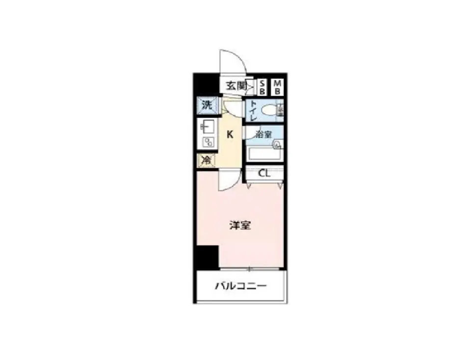 - 1LDKの間取り図、玄関、トイレ、バスルーム、キッチン、洋室、バルコニーを含むレイアウト