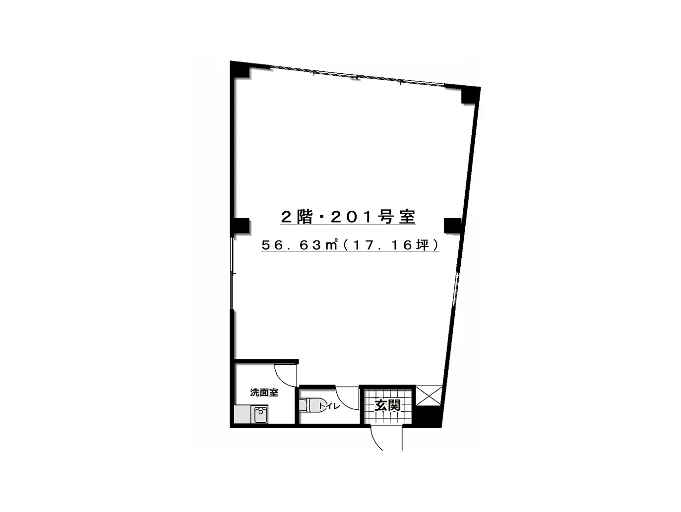- 2階201号室の間取り図、面積56.63㎡（17.16坪）、洗面室とトイレ、玄関の配置が示された設計