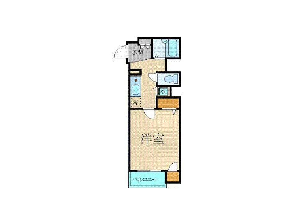 - シンプルで効率的な間取りの1LDK、洋室、バルコニー、浴室、トイレ、玄関が配置された間取り図