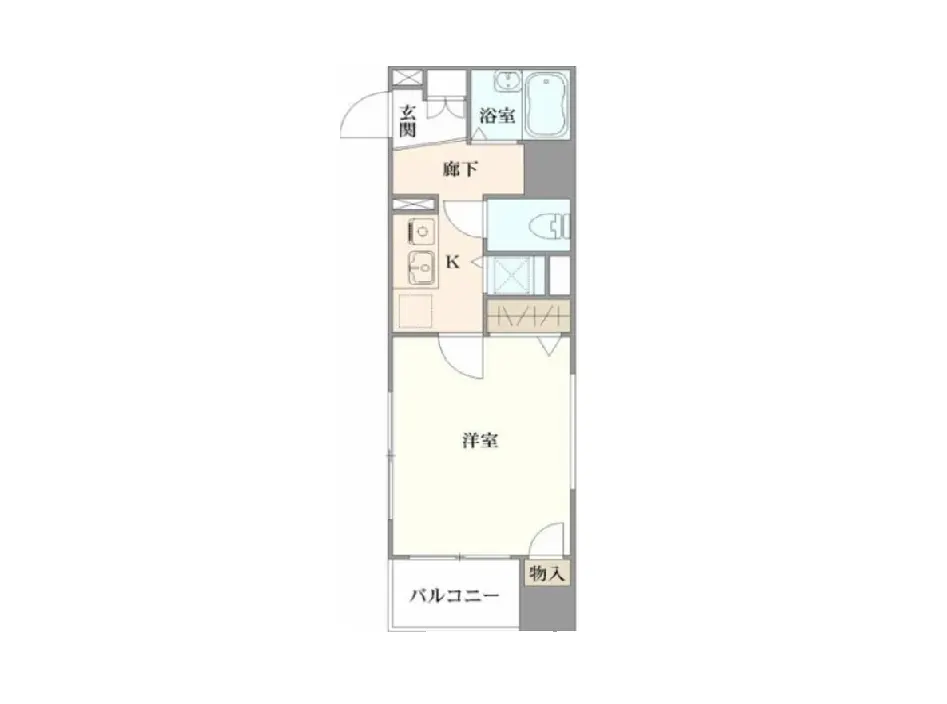 - 1Kタイプの間取り図、玄関、浴室、キッチン、洋室、バルコニーの配置が示されている平面図