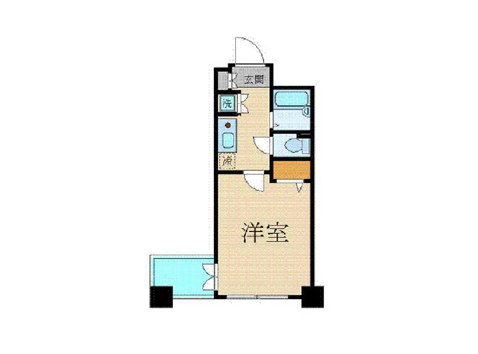 - 洋室、洗面所、浴室を含む間取り図、玄関とプールに面した設計図