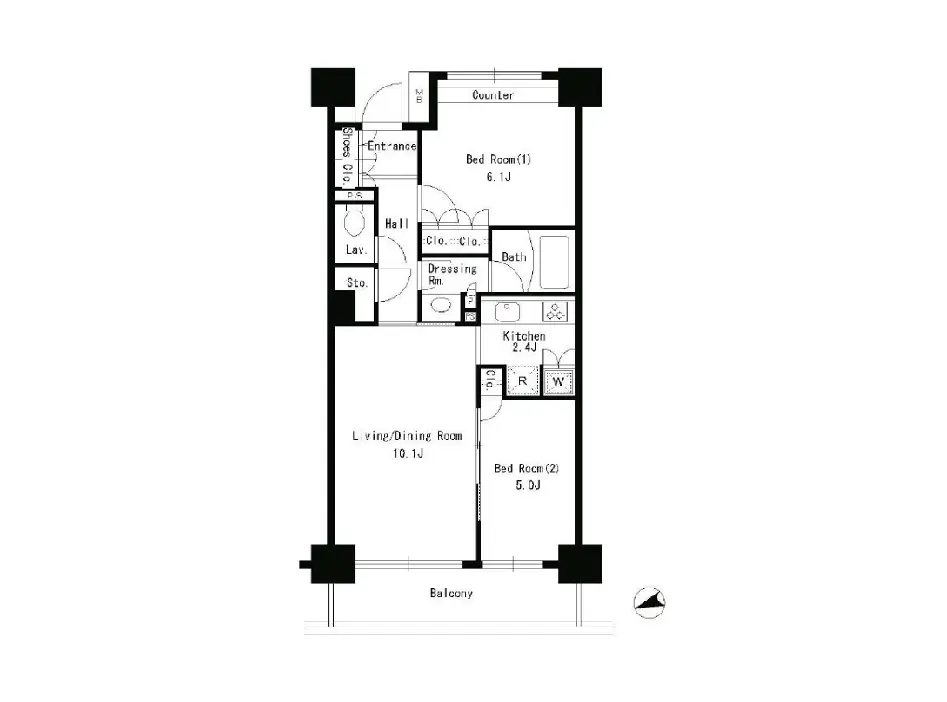 - 2LDKの間取り図、リビングダイニングルーム、キッチン、2つの寝室、バスルーム、バルコニーを含む設計図
