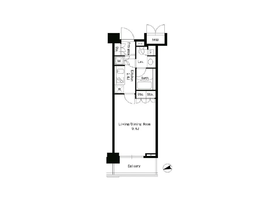 - モダンな1LDKの間取り図、リビングダイニングルーム、キッチン、バスルーム、収納スペースを含む住居レイアウト